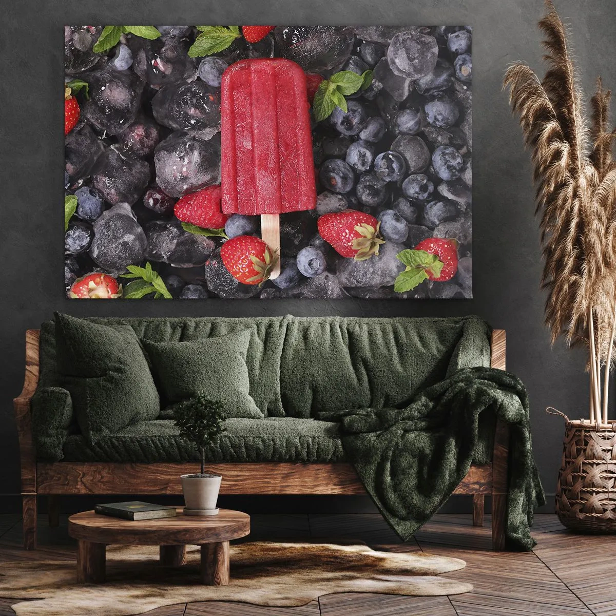 Obraz na plátně - Červený nanuk obklopený ovocem a ledem - 70x50cm - Chuť horkého léta - Moderní nástěnná dekorace do obývacího pokoje a ložnice ARTTOR