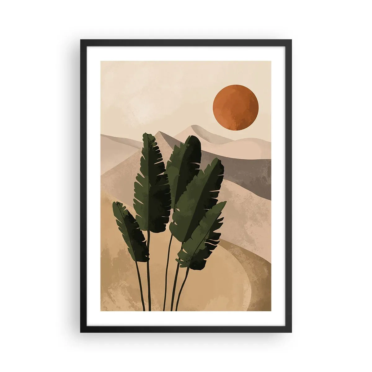 Plakát v černém rámu - Rostliny v pouštním prostředí se zapadajícím sluncem, abstraktní krajina - 50x70cm - Triumf života - Moderní nástěnná dekorace do obývacího pokoje a ložnice ARTTOR