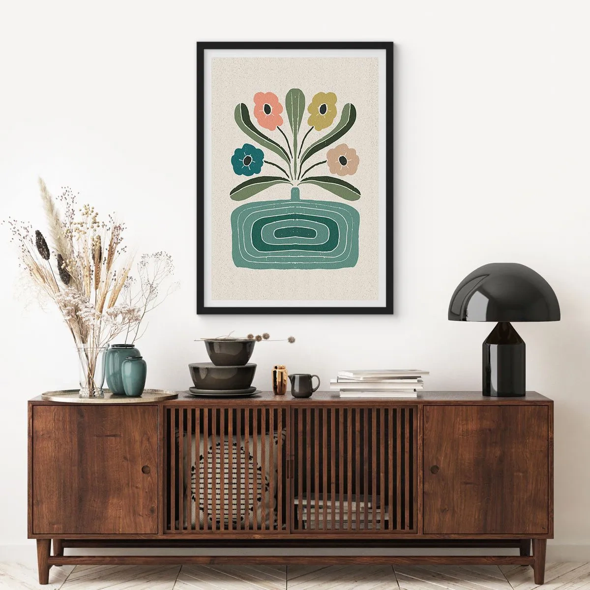 Plakát v černém rámu - Stylizované květiny v grafické kompozici - 50x70cm - Symetrická kytice - Moderní nástěnná dekorace do obývacího pokoje a ložnice ARTTOR