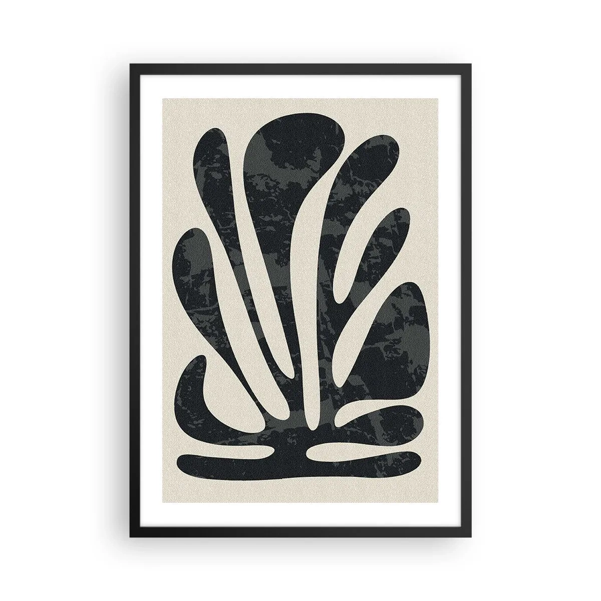 Plakát v černém rámu - Abstraktní černá rostlina na béžovém pozadí - 50x70cm - Mnohoprstá abstrakce - Moderní nástěnná dekorace do obývacího pokoje a ložnice ARTTOR