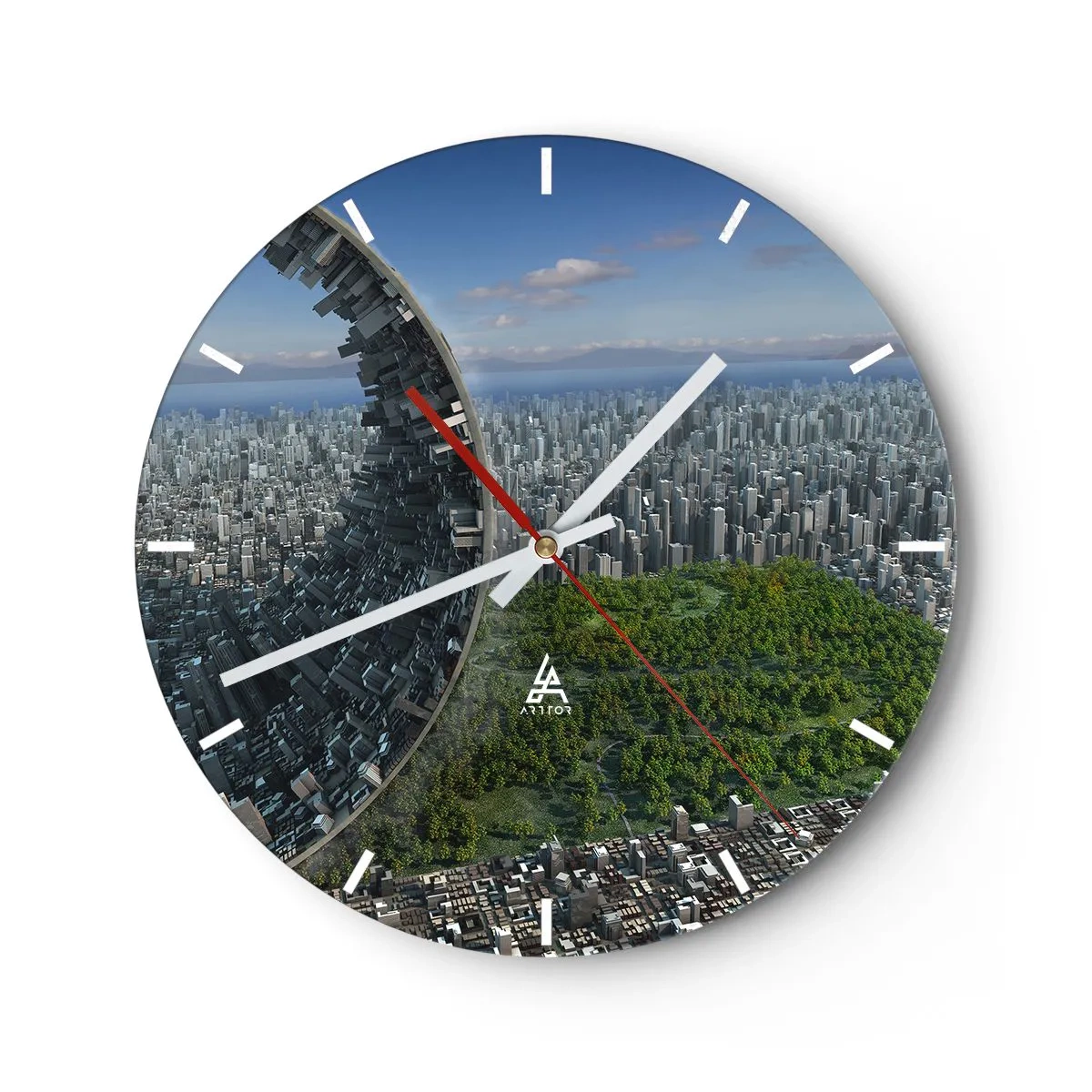 Nástěnné hodiny - Futuristické město s rozbitou strukturou a zelení v pozadí. - 30x30cm - Příroda je věčná - Moderní nástěnná dekorace do obývacího pokoje, kuchyně a ložnice ARTTOR