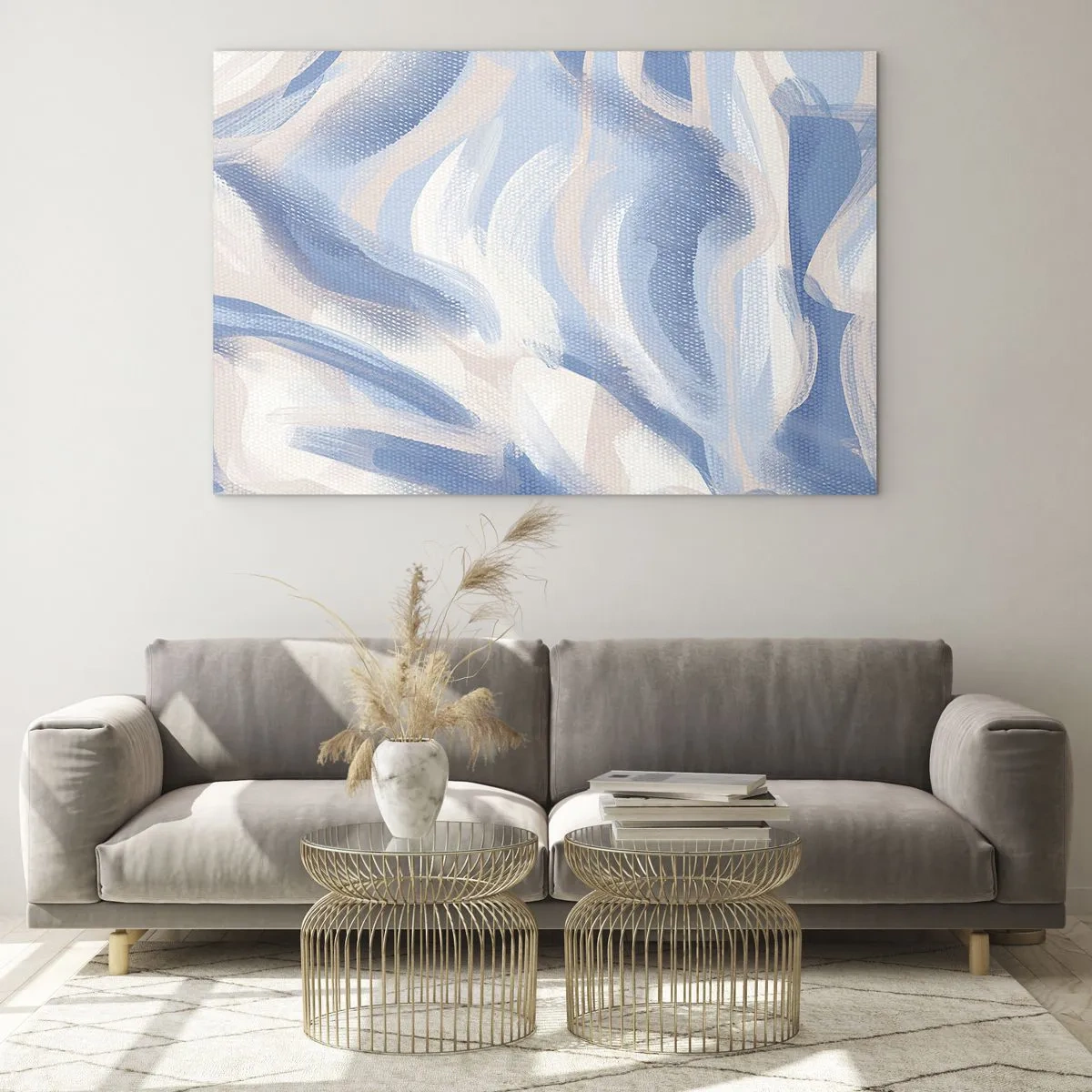 Obraz na skle - Abstraktní tahy v modré, bílé a béžové barvě ve vlnité podobě - 70x50cm - Modré kolísání - Moderní nástěnná dekorace do obývacího pokoje a ložnice ARTTOR