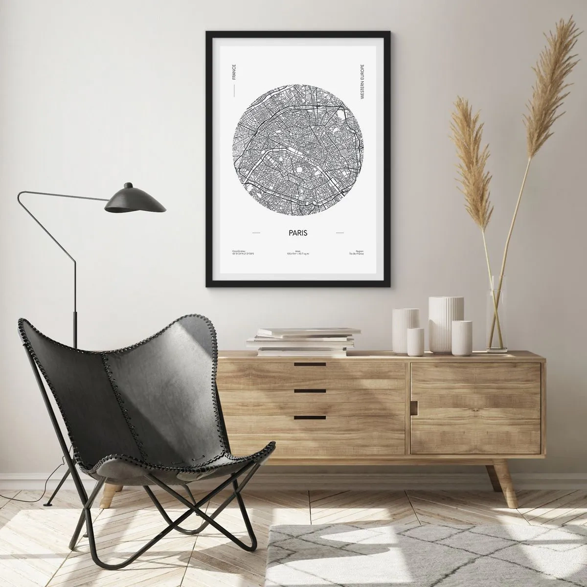 Plakát v černém rámu - Minimalistická mapa Paříže v kruhu - 50x70cm - Anatomie Paříže - Moderní nástěnná dekorace do obývacího pokoje a ložnice ARTTOR