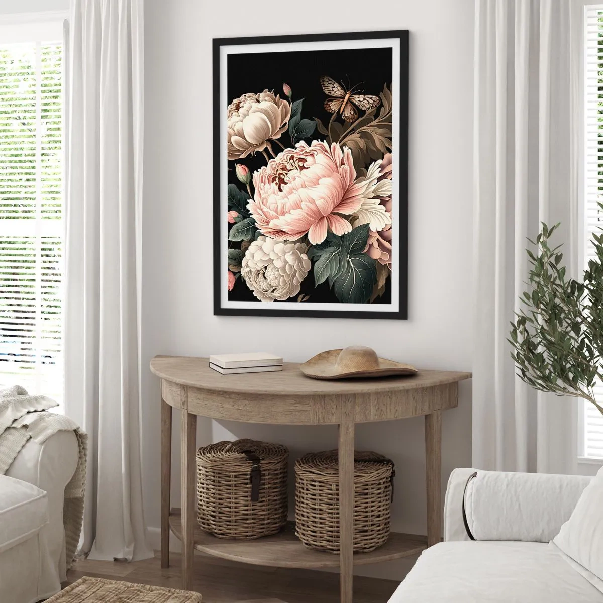 Plakát v černém rámu - Elegantní pivoňky a motýl na černém pozadí - 50x70cm - V barokním stylu - Moderní nástěnná dekorace do obývacího pokoje a ložnice ARTTOR