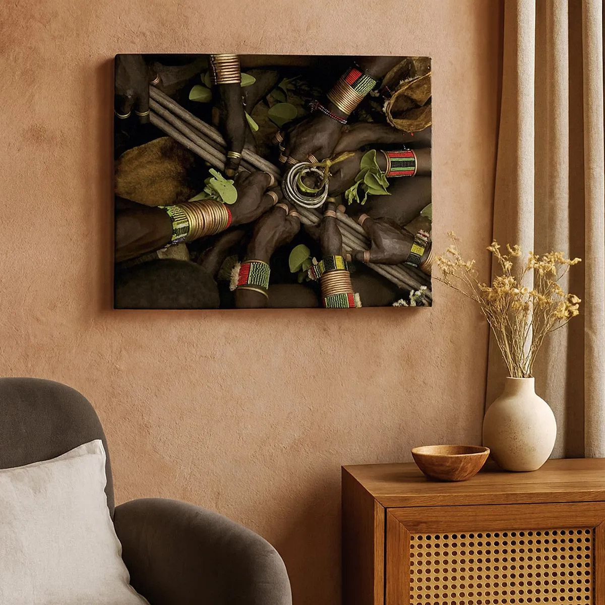 Obraz na plátně - Tradiční náramky na ruce ve skupině rukou - 70x50cm - Jsme spolu - Moderní nástěnná dekorace do obývacího pokoje a ložnice ARTTOR