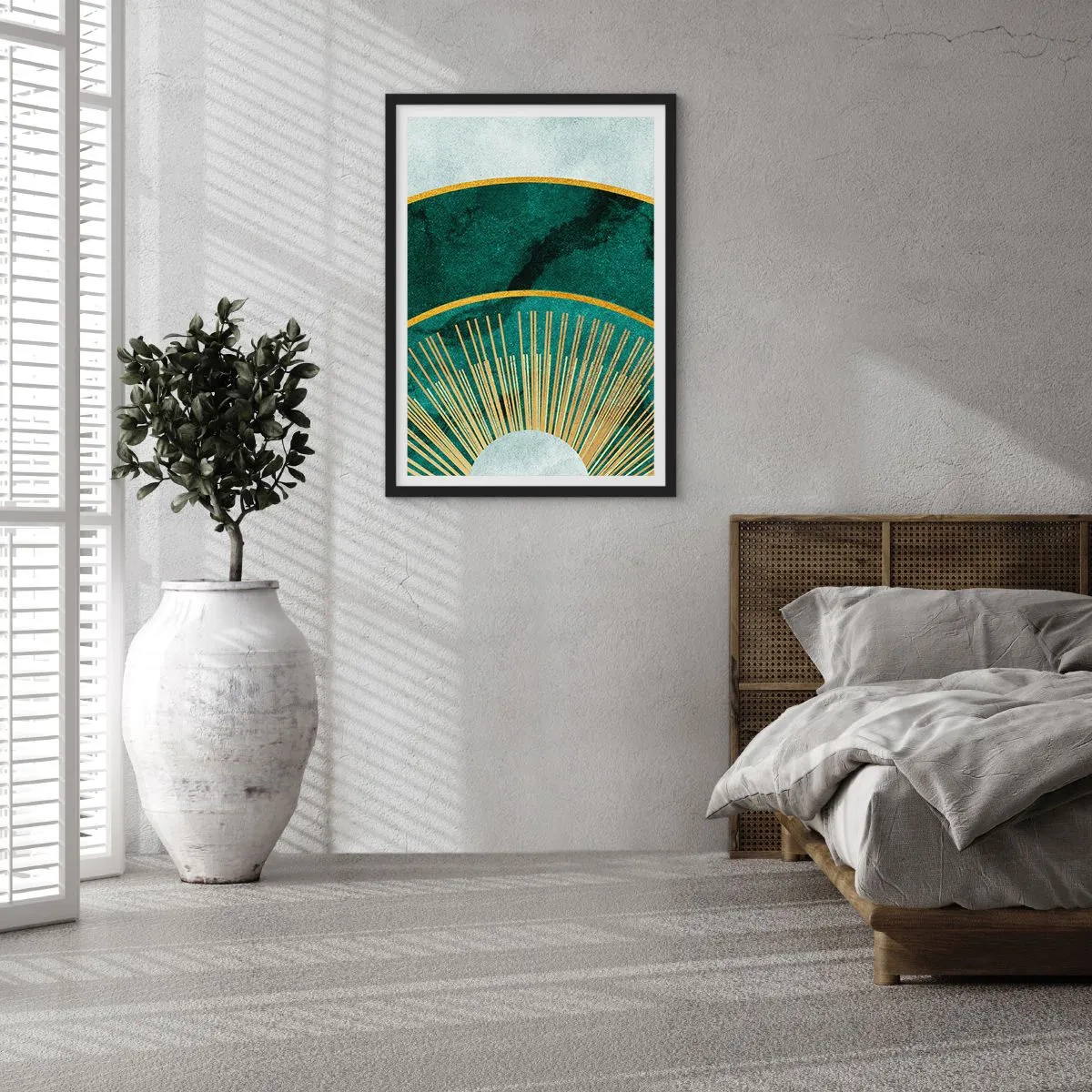 Plakát v černém rámu - Elegantní geometrická kompozice v odstínech zelené a zlaté - 50x70cm - Jiná sluneční soustava - Moderní nástěnná dekorace do obývacího pokoje a ložnice ARTTOR