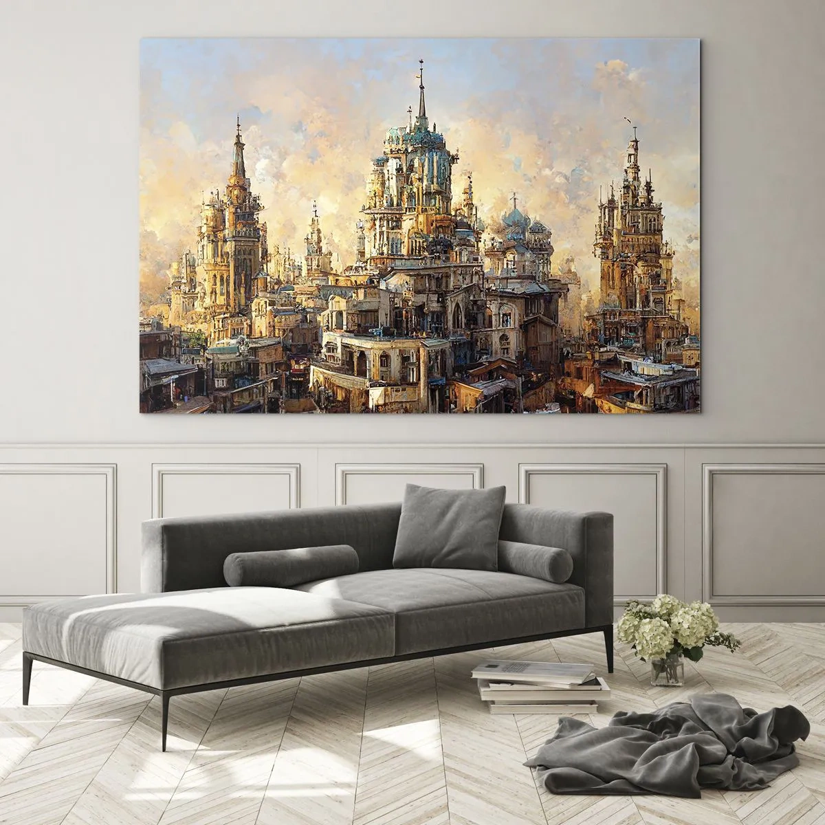 Obraz na skle - Fantastické panorama města s věžemi a paláci - 70x50cm - Město měst - Moderní nástěnná dekorace do obývacího pokoje a ložnice ARTTOR