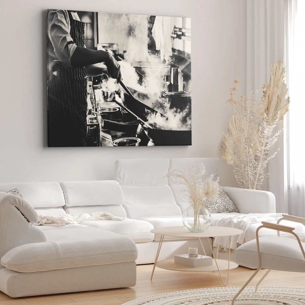 Obraz na plátně - Šéfkuchař při práci v kuchyni s párou stoupající z pánve - 70x50cm - Alchymie chutí - Moderní nástěnná dekorace do obývacího pokoje a ložnice ARTTOR