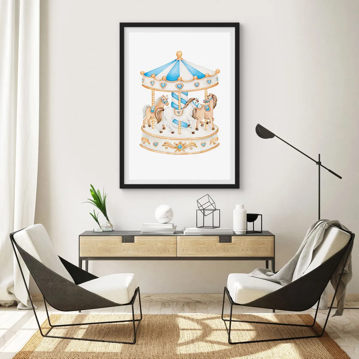Plakát v černém rámu - Akvarelové kolotoč v pastelových odstínech modré a zlaté - 50x70cm - Sladké dětství - Moderní nástěnná dekorace do obývacího pokoje a ložnice ARTTOR