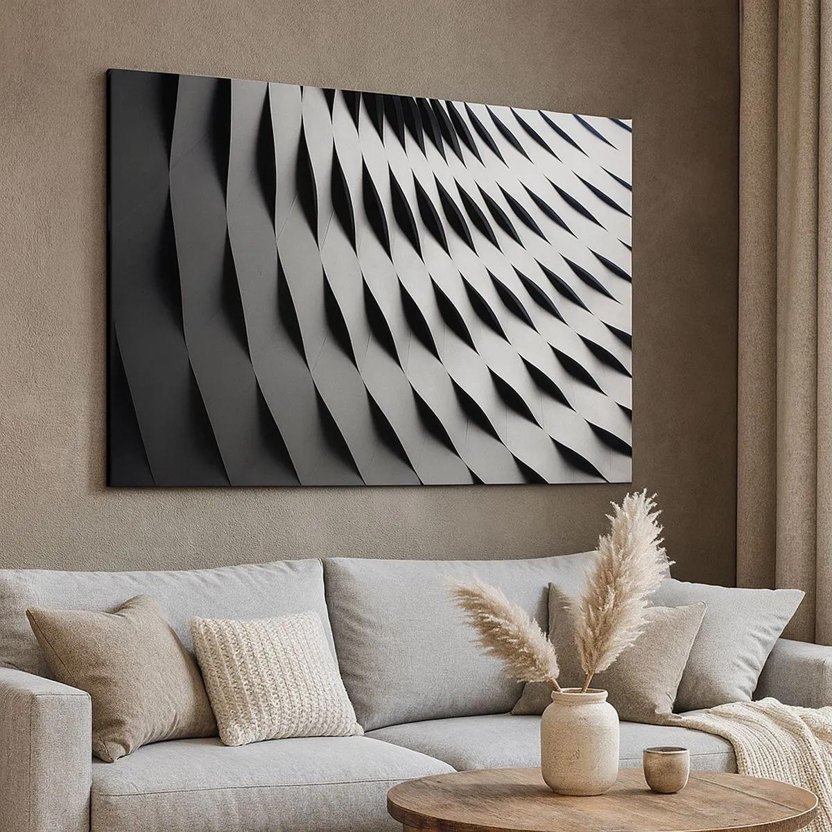 Obraz na plátně - Abstraktní geometrický vzor v odstínech černé a bílé - 70x50cm - Na hladině vln - Moderní nástěnná dekorace do obývacího pokoje a ložnice ARTTOR
