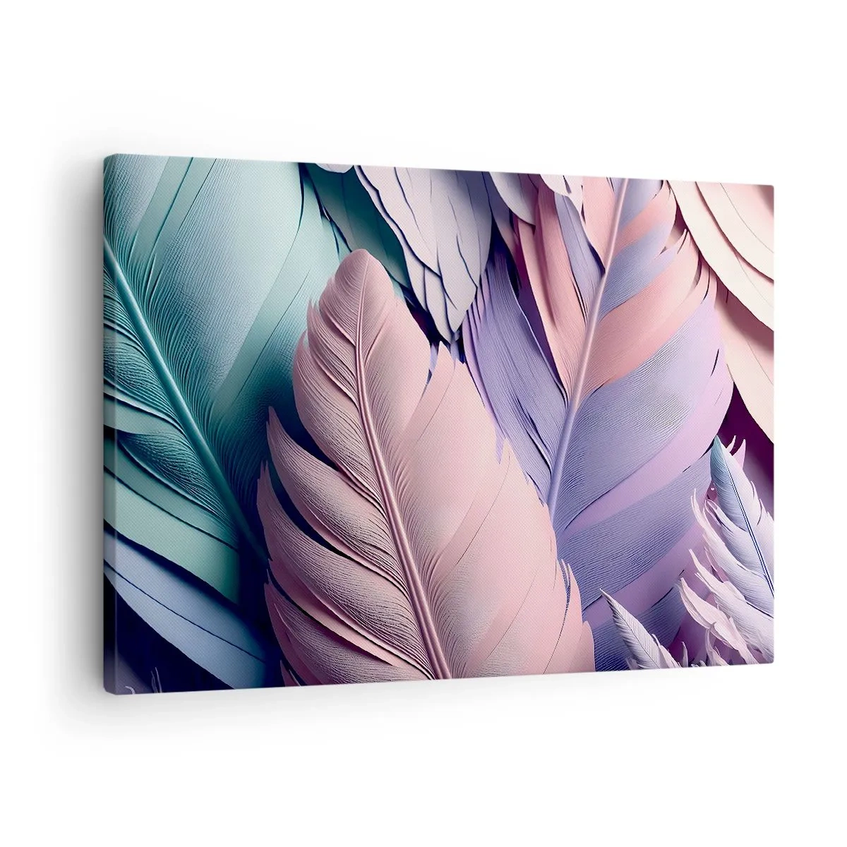 Obraz na plátně - Barevné peří v pastelových odstínech na světlém pozadí - 70x50cm - Ptačí styl - Moderní nástěnná dekorace do obývacího pokoje a ložnice ARTTOR