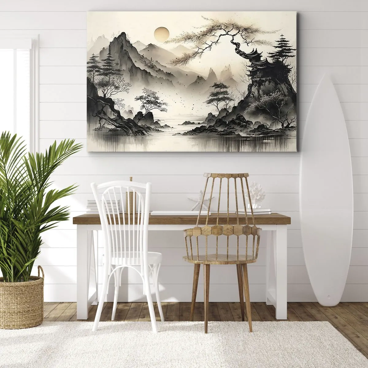 Obraz na plátně - Orientální krajina s horami a pagodou v jemných odstínech. - 70x50cm - Jedinečné kouzlo orientu - Moderní nástěnná dekorace do obývacího pokoje a ložnice ARTTOR