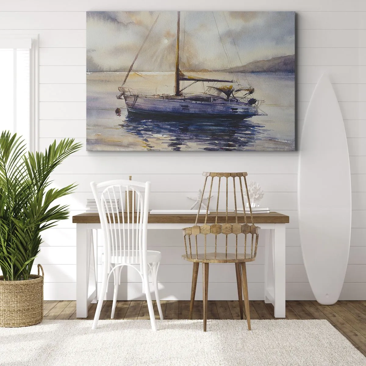 Obraz na plátně - Jachta na klidném moři při západu slunce - 70x50cm - Večer v zátoce - Moderní nástěnná dekorace do obývacího pokoje a ložnice ARTTOR