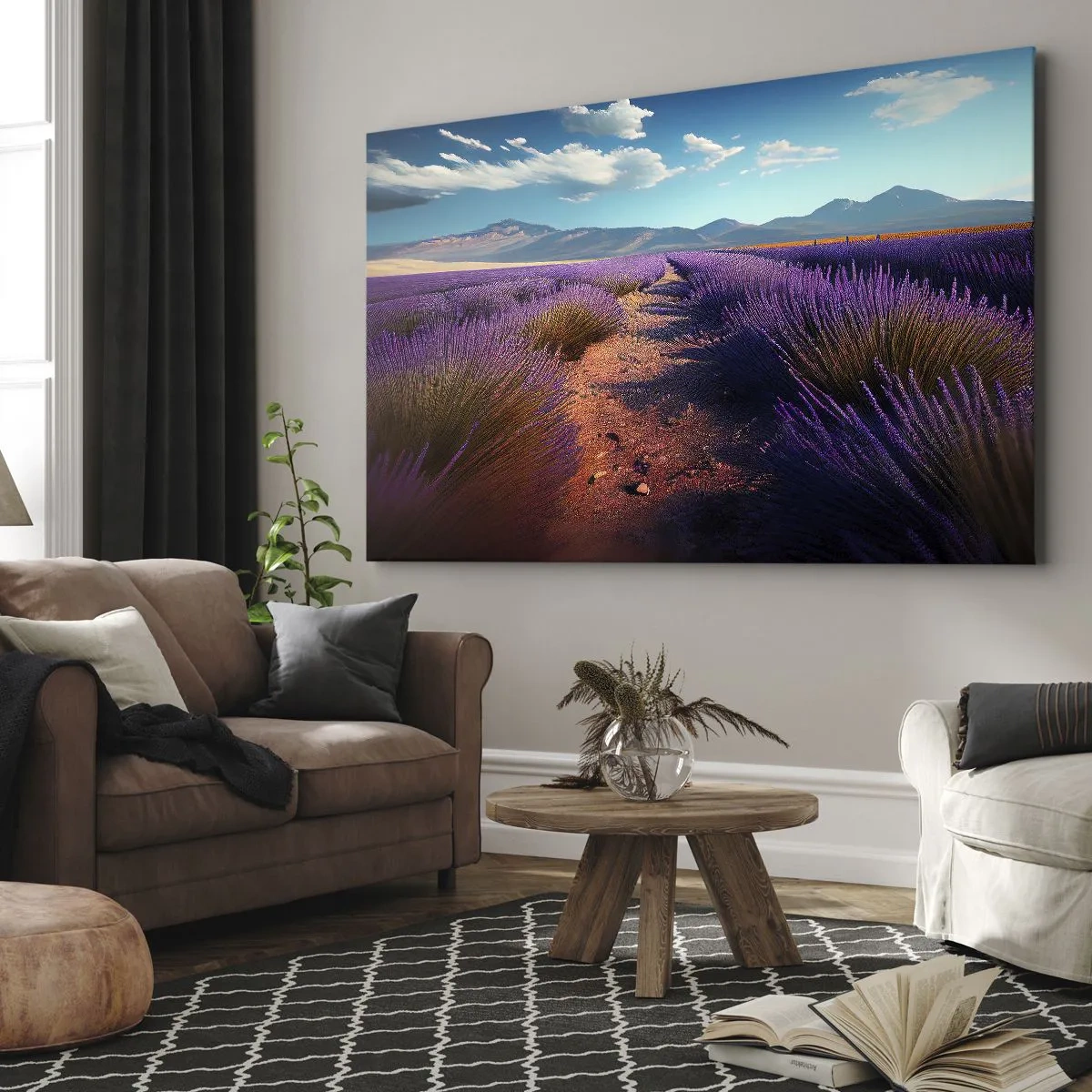 Obraz na plátně - Levandulové pole s výhledem na hory a modrou oblohu - 70x50cm - Voňavá pole - Moderní nástěnná dekorace do obývacího pokoje a ložnice ARTTOR