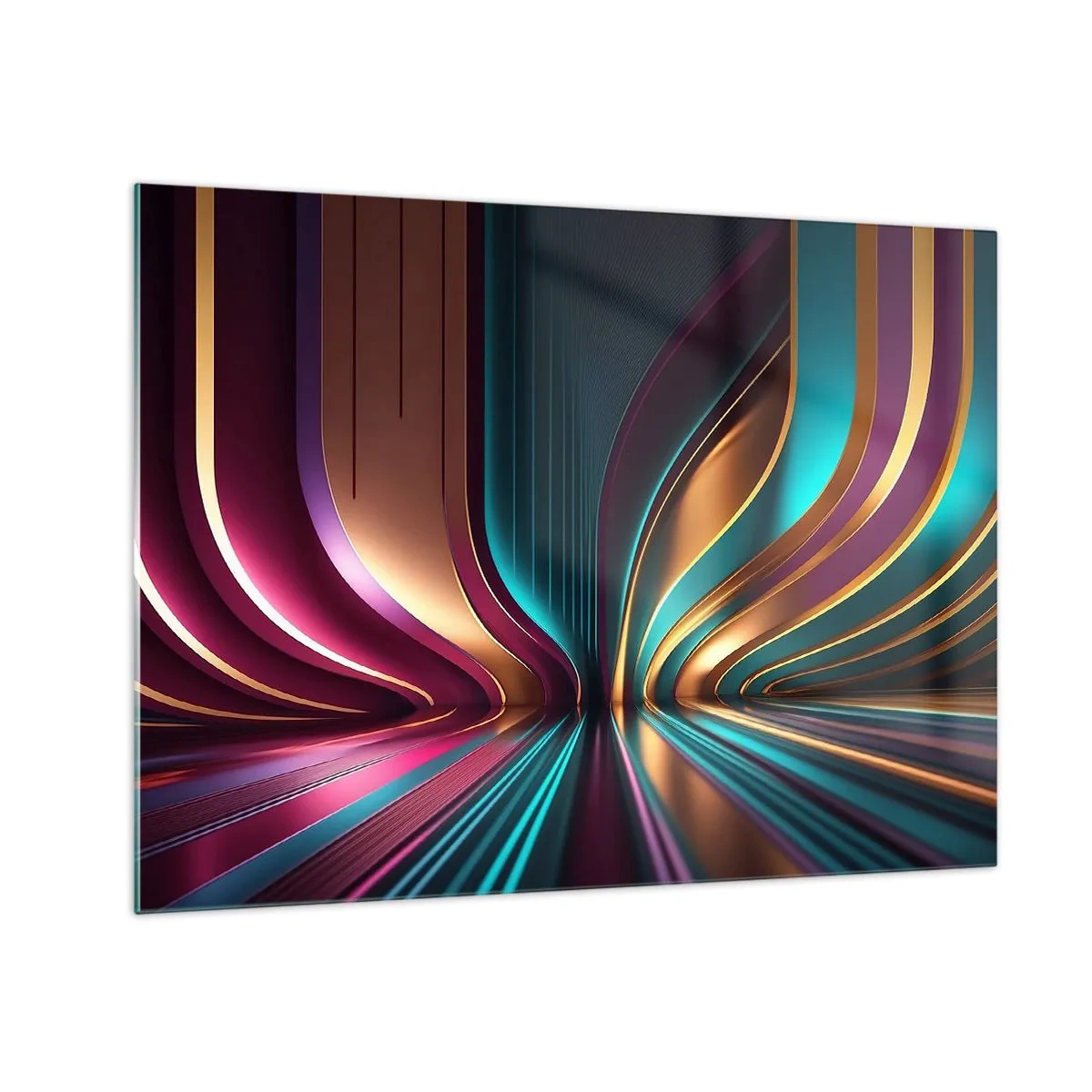Obraz na skle - Barevné světelné linie vytvářející futuristické tvary - 70x50cm - Architektura světla - Moderní nástěnná dekorace do obývacího pokoje a ložnice ARTTOR