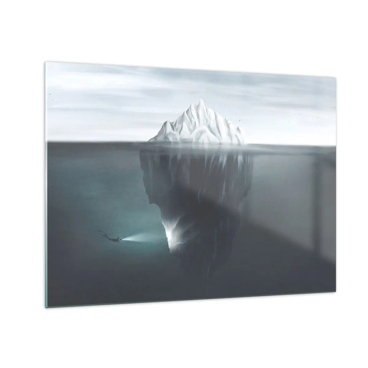 Obraz na skle - Ledovec s potápěčem prozkoumávajícím podvodní část - 70x50cm - Podvodní tajemství - Moderní nástěnná dekorace do obývacího pokoje a ložnice ARTTOR