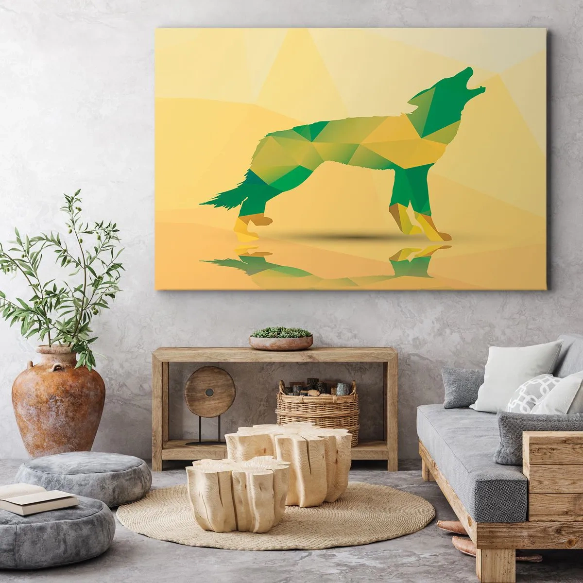 Obraz na plátně - Geometrická silueta vlka v zelených a žlutých odstínech - 70x50cm - Samotný vlk - Moderní nástěnná dekorace do obývacího pokoje a ložnice ARTTOR