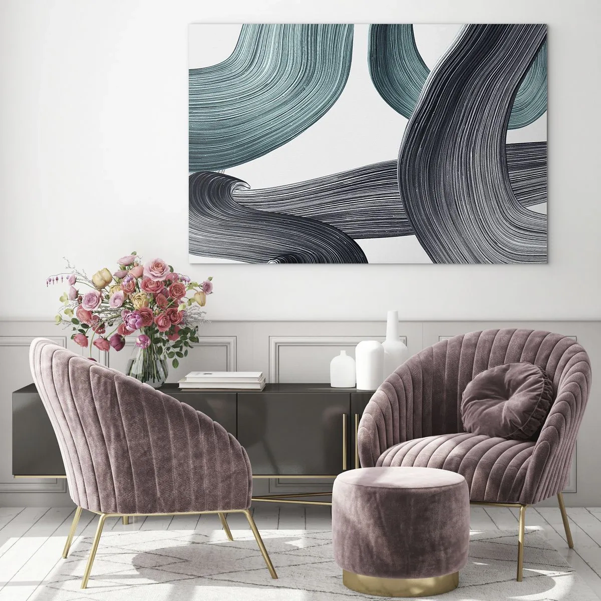 Obraz na skle - Dynamické pruhy v odstínech smaragdové a černé na bílém pozadí - 70x50cm - Smaragdové a černé vlny - Moderní nástěnná dekorace do obývacího pokoje a ložnice ARTTOR