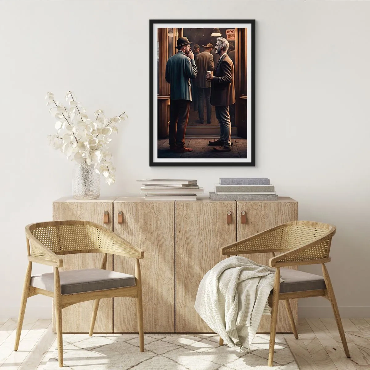 Plakát v černém rámu - Dva elegantní muži si povídají před kavárnou - 50x70cm - Dobrá chvíle dne - Moderní nástěnná dekorace do obývacího pokoje a ložnice ARTTOR