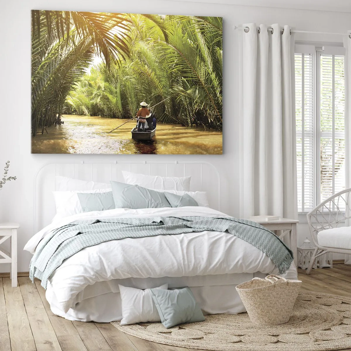 Obraz na plátně - Loď na řece obklopené tropickou vegetací - 70x50cm - Palmovou souteškou - Moderní nástěnná dekorace do obývacího pokoje a ložnice ARTTOR