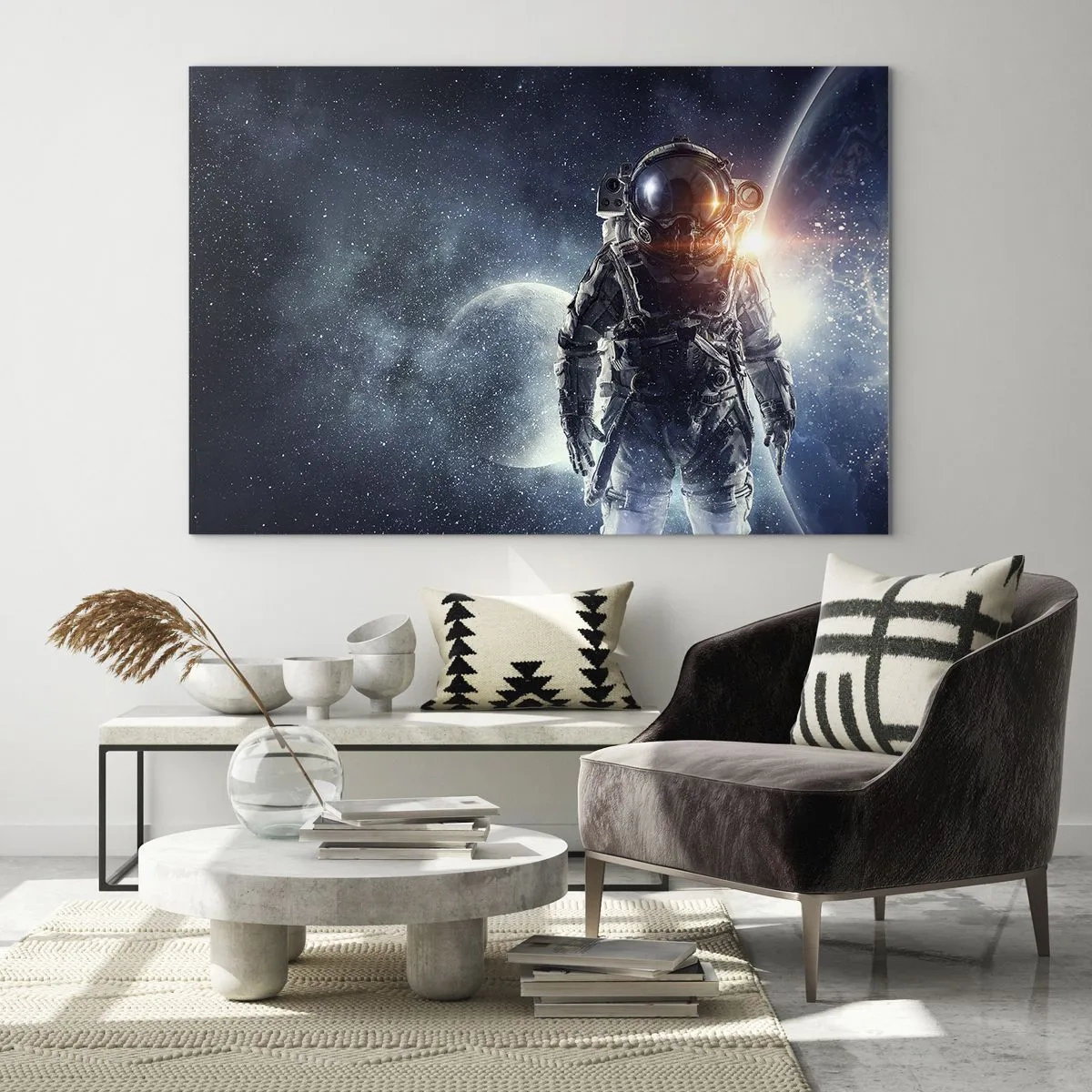 Obraz na skle - Astronaut na pozadí planet a hvězd - 70x50cm - Vesmírné dobrodružství - Moderní nástěnná dekorace do obývacího pokoje a ložnice ARTTOR