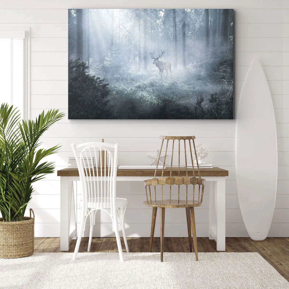 Obraz na plátně - Jelen v hustém lese zahalený v ranní mlze - 70x50cm - Ranní obchůzka sídliště - Moderní nástěnná dekorace do obývacího pokoje a ložnice ARTTOR