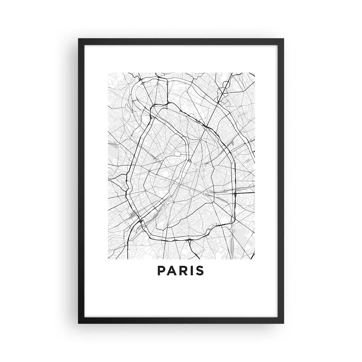 Plakát v černém rámu - Mapa Paříže v minimalistickém černobílém stylu. - 50x70cm - Květ Paříže - Moderní nástěnná dekorace do obývacího pokoje a ložnice ARTTOR