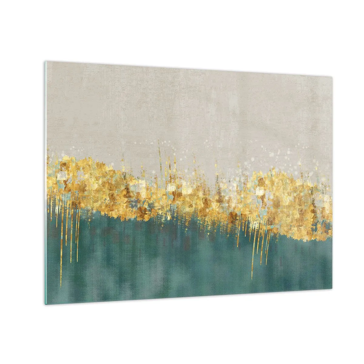 Obraz na skle - Zlaté akcenty vytvářejí hranici mezi béžovou a lahvově zelenou - 70x50cm - Zlatá hranice - Moderní nástěnná dekorace do obývacího pokoje a ložnice ARTTOR
