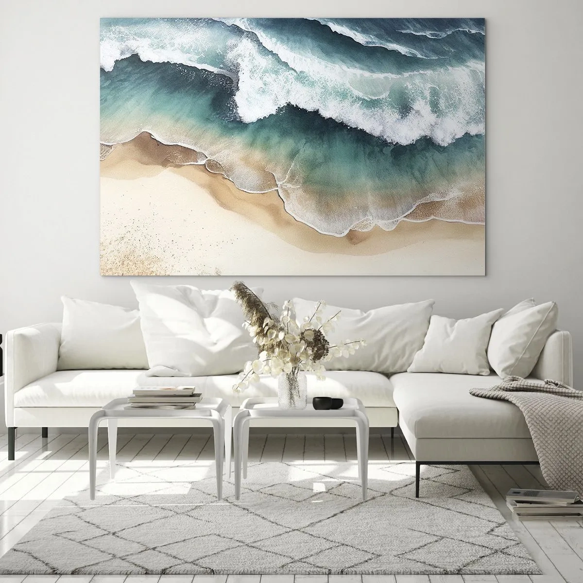 Obraz na skle - Oceánské vlny narážející na zlatou písečnou pláž - 70x50cm - Odvěké setkání - Moderní nástěnná dekorace do obývacího pokoje a ložnice ARTTOR