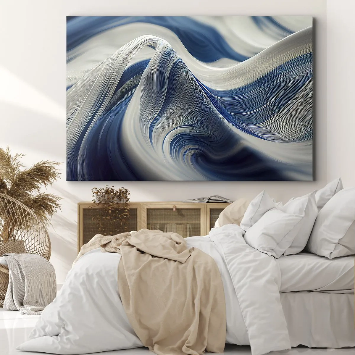 Obraz na plátně - Abstraktní vlny v odstínech modré a bílé - 70x50cm - Plynulost modré a bílé - Moderní nástěnná dekorace do obývacího pokoje a ložnice ARTTOR