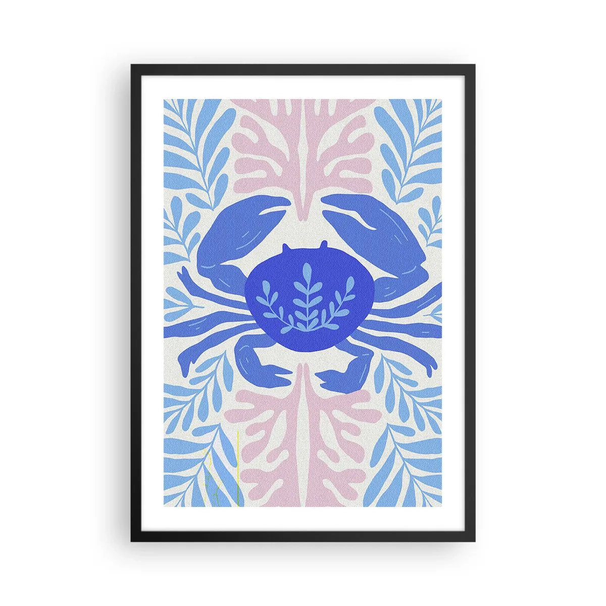 Plakát v černém rámu - Dekorativní modrý krab obklopený mořskými rostlinami. - 50x70cm - Jako mořský květ - Moderní nástěnná dekorace do obývacího pokoje a ložnice ARTTOR
