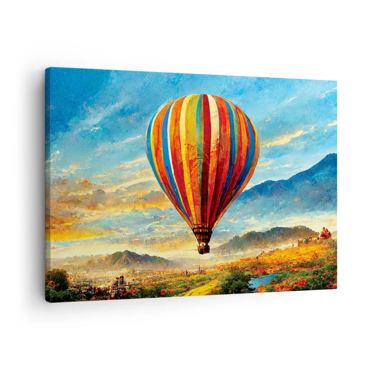 Obraz na plátně - Barevný balón nad malebnou krajinou - 70x50cm - V tichu je toho vidět víc - Moderní nástěnná dekorace do obývacího pokoje a ložnice ARTTOR