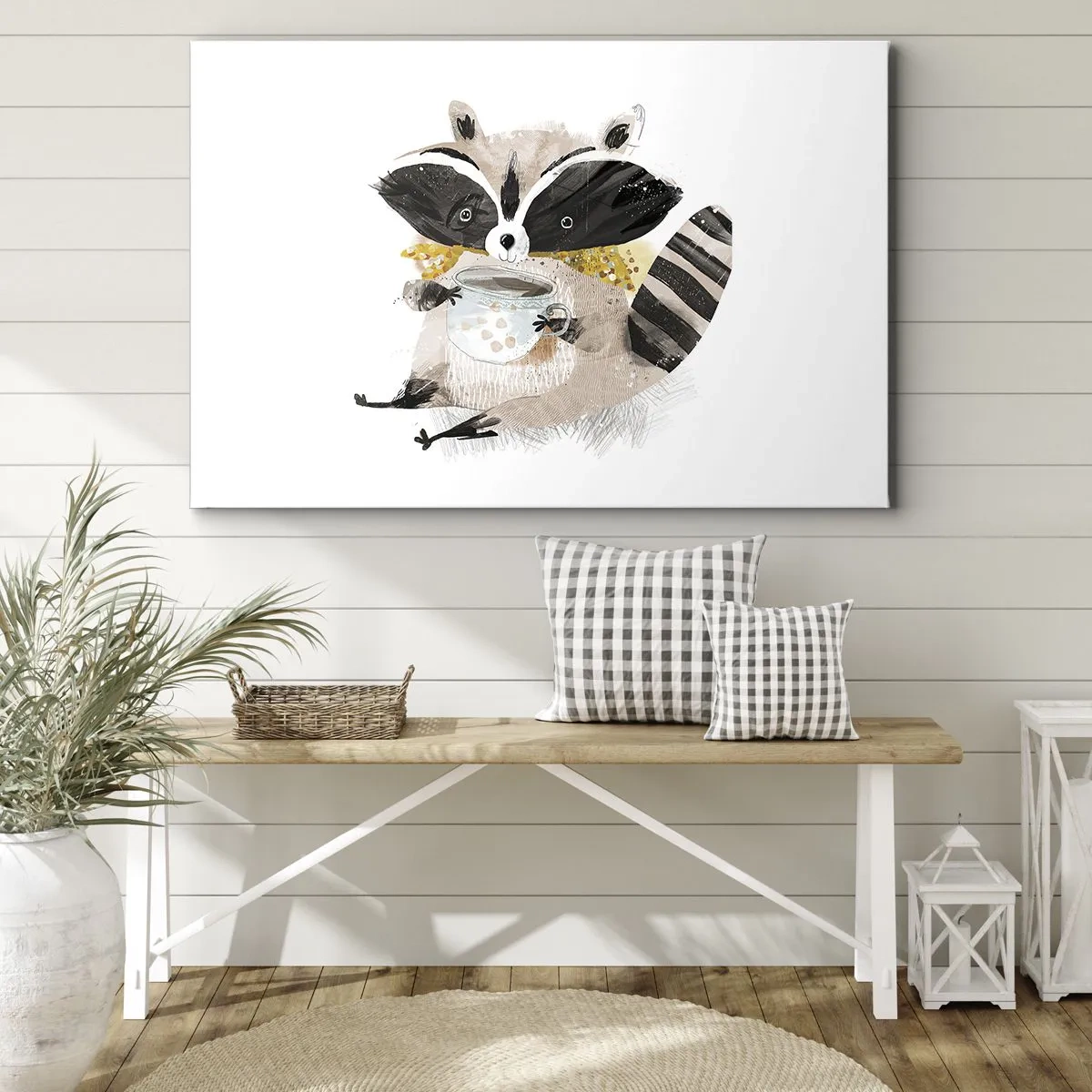 Obraz na plátně - Rozkošný mýval držící pastelově zbarvený hrnek - 70x50cm - Můj přítel mýval - Moderní nástěnná dekorace do obývacího pokoje a ložnice ARTTOR