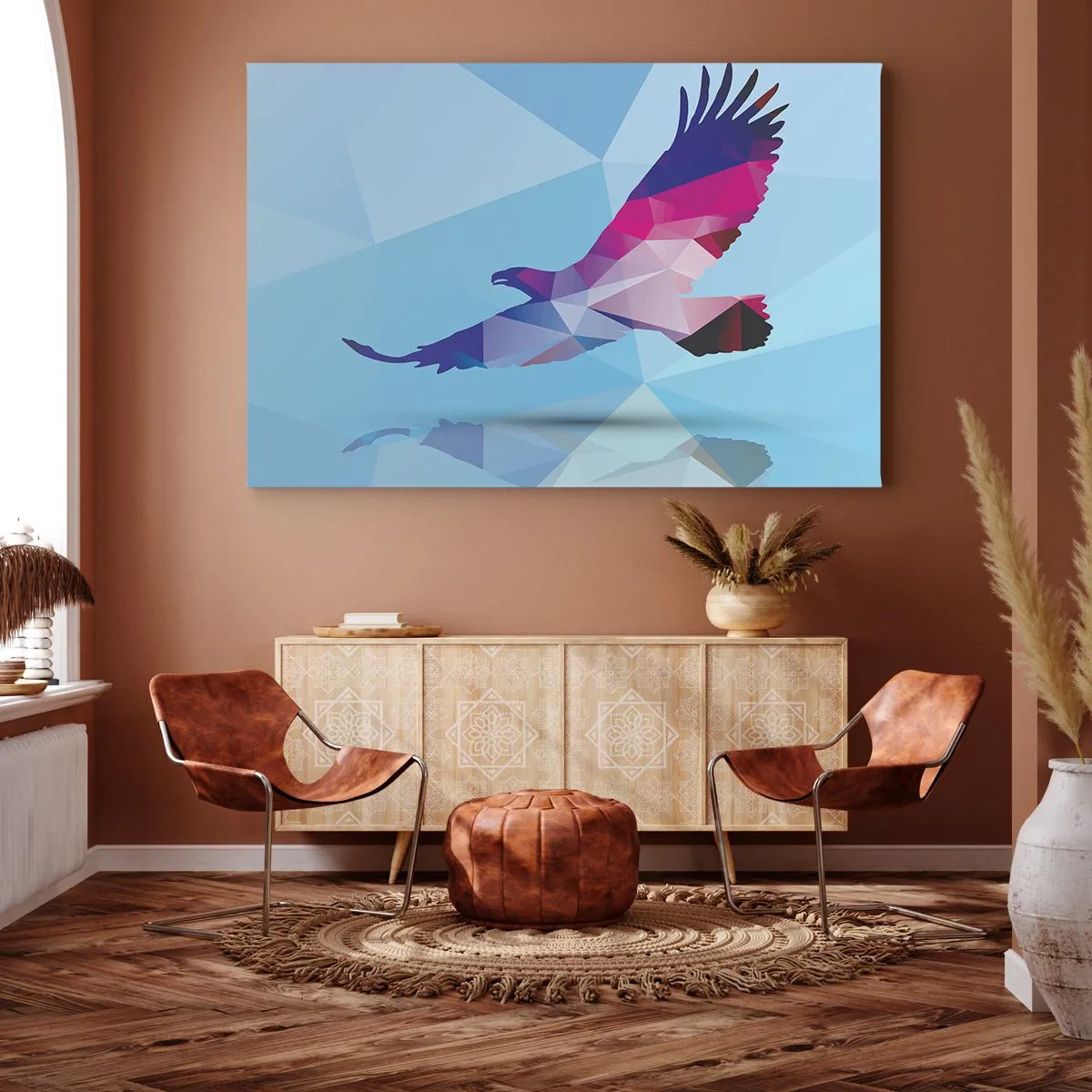 Obraz na plátně - Geometrická silueta orla za letu na modrém pozadí - 70x50cm - Orel v liliovém křišťálu - Moderní nástěnná dekorace do obývacího pokoje a ložnice ARTTOR