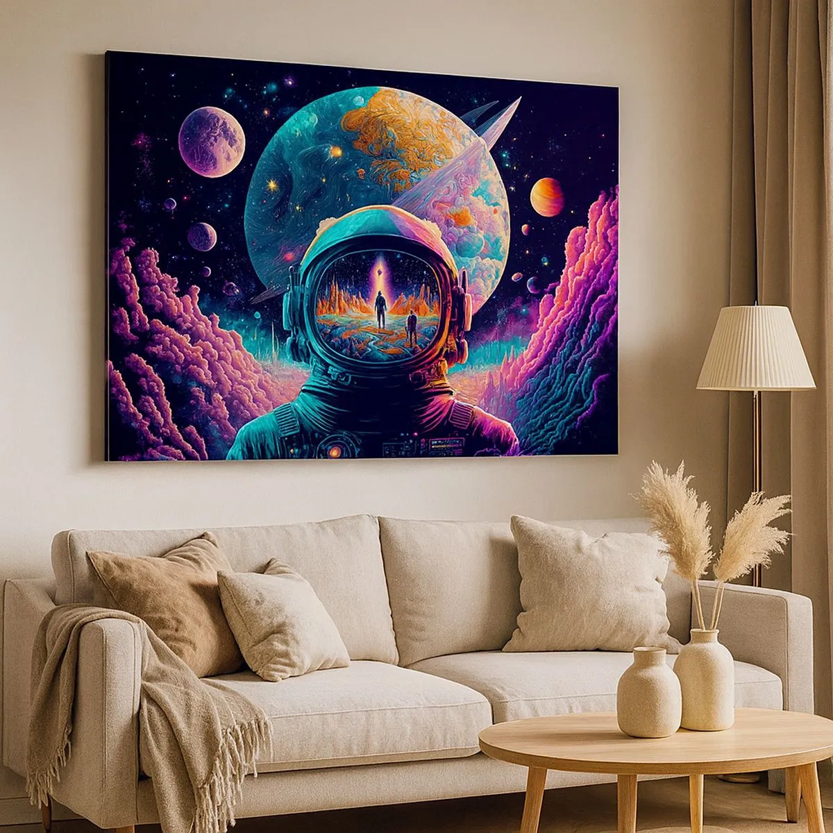 Obraz na plátně - Astronaut ve vesmíru s barevnou planetární krajinou - 70x50cm - Filosofům se to ani nesnilo - Moderní nástěnná dekorace do obývacího pokoje a ložnice ARTTOR