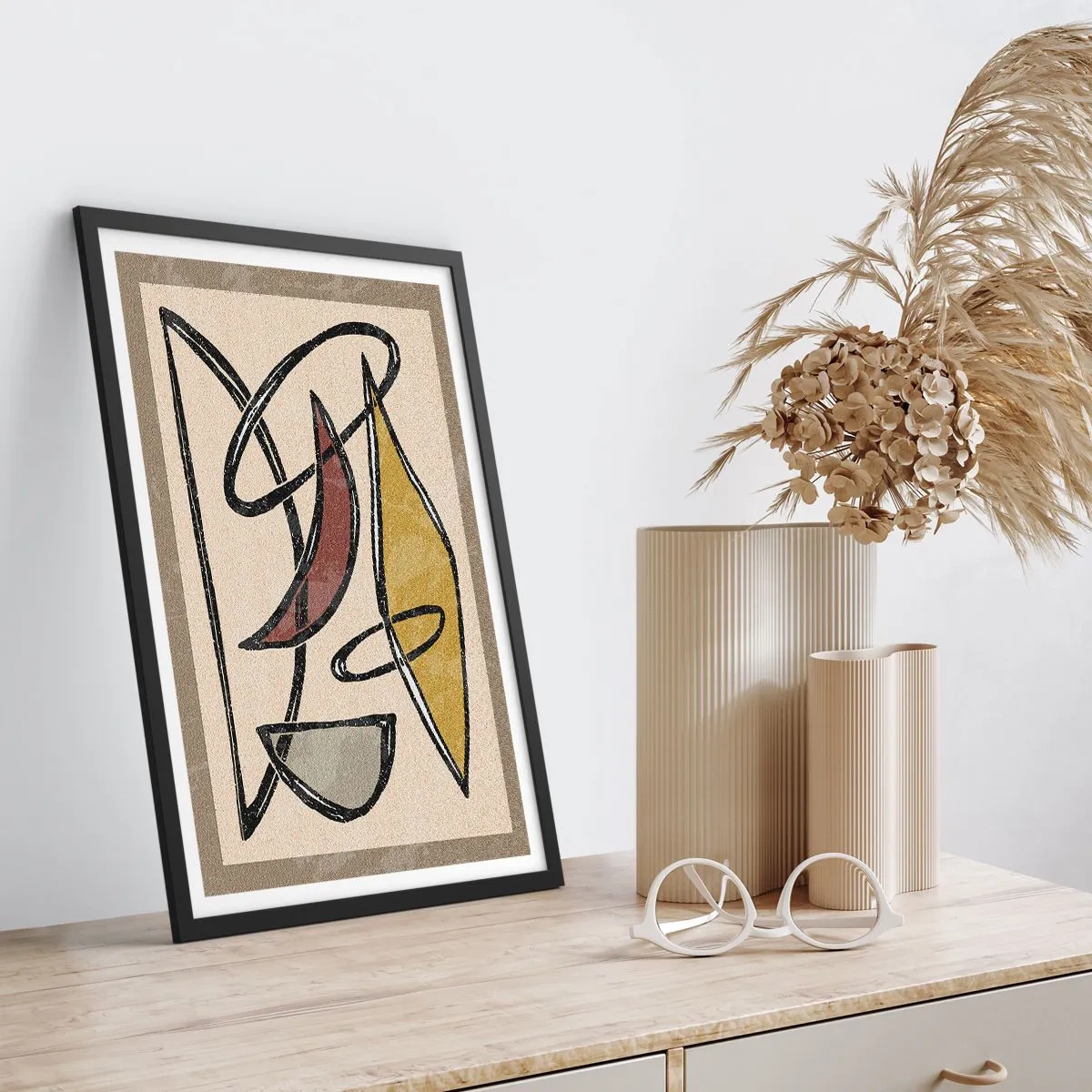 Plakát v černém rámu - Geometrická abstrakce v odstínech béžové a hnědé - 50x70cm - Svisle a vodorovně - Moderní nástěnná dekorace do obývacího pokoje a ložnice ARTTOR