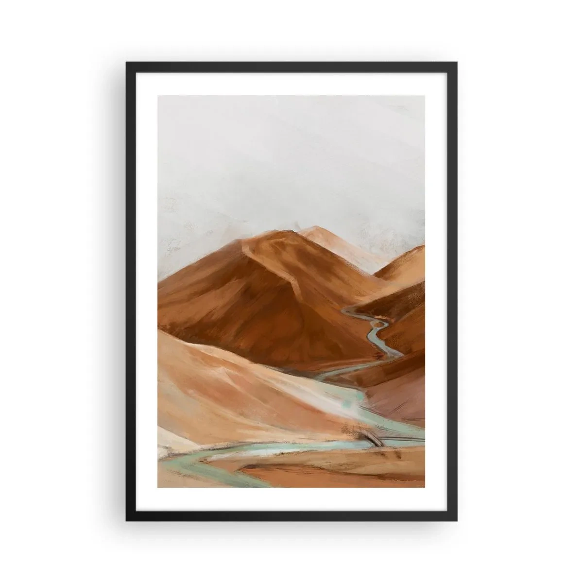 Plakát v černém rámu - Řeka protékající hnědými horami, stylizovaná krajina - 50x70cm - K prameni - Moderní nástěnná dekorace do obývacího pokoje a ložnice ARTTOR