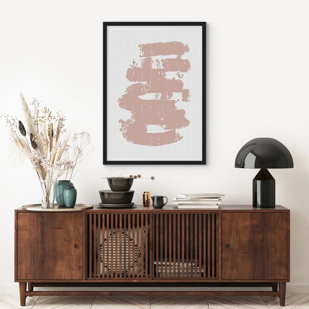 Plakát v černém rámu - Minimalistická kompozice v béžových odstínech - 50x70cm - Abstrakce v jemné růžové - Moderní nástěnná dekorace do obývacího pokoje a ložnice ARTTOR