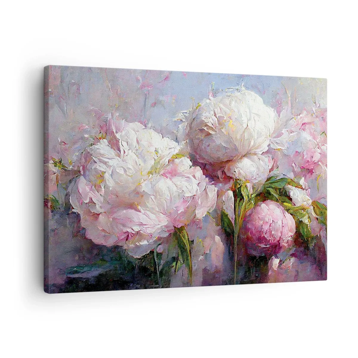 Obraz na plátně - Romantické květy pivoňky v pastelových barvách - 70x50cm - Kytice překypující životem - Moderní nástěnná dekorace do obývacího pokoje a ložnice ARTTOR