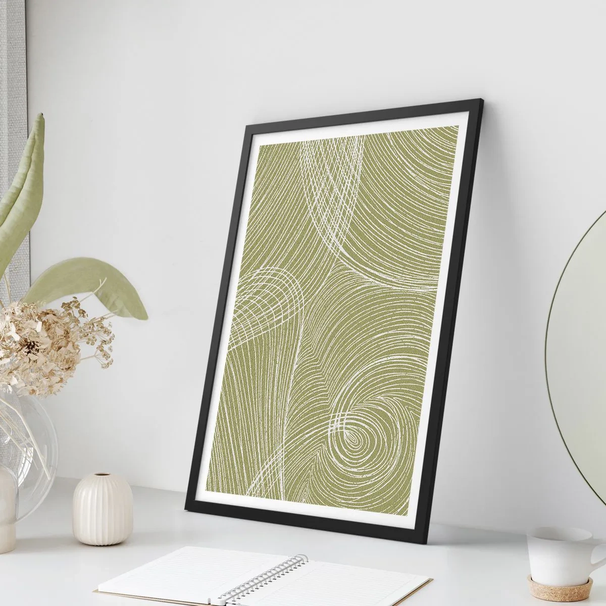 Plakát v černém rámu - Abstraktní kompozice v odstínech zelené s dynamickými liniemi. - 50x70cm - Mistrovská abstrakce v bílé - Moderní nástěnná dekorace do obývacího pokoje a ložnice ARTTOR