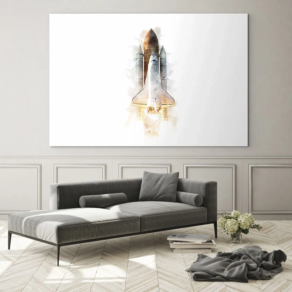 Obraz na skle - Raketoplán vzlétá ve stylu akvarelu na bílém pozadí. - 70x50cm - Průzkumníci do toho - Moderní nástěnná dekorace do obývacího pokoje a ložnice ARTTOR