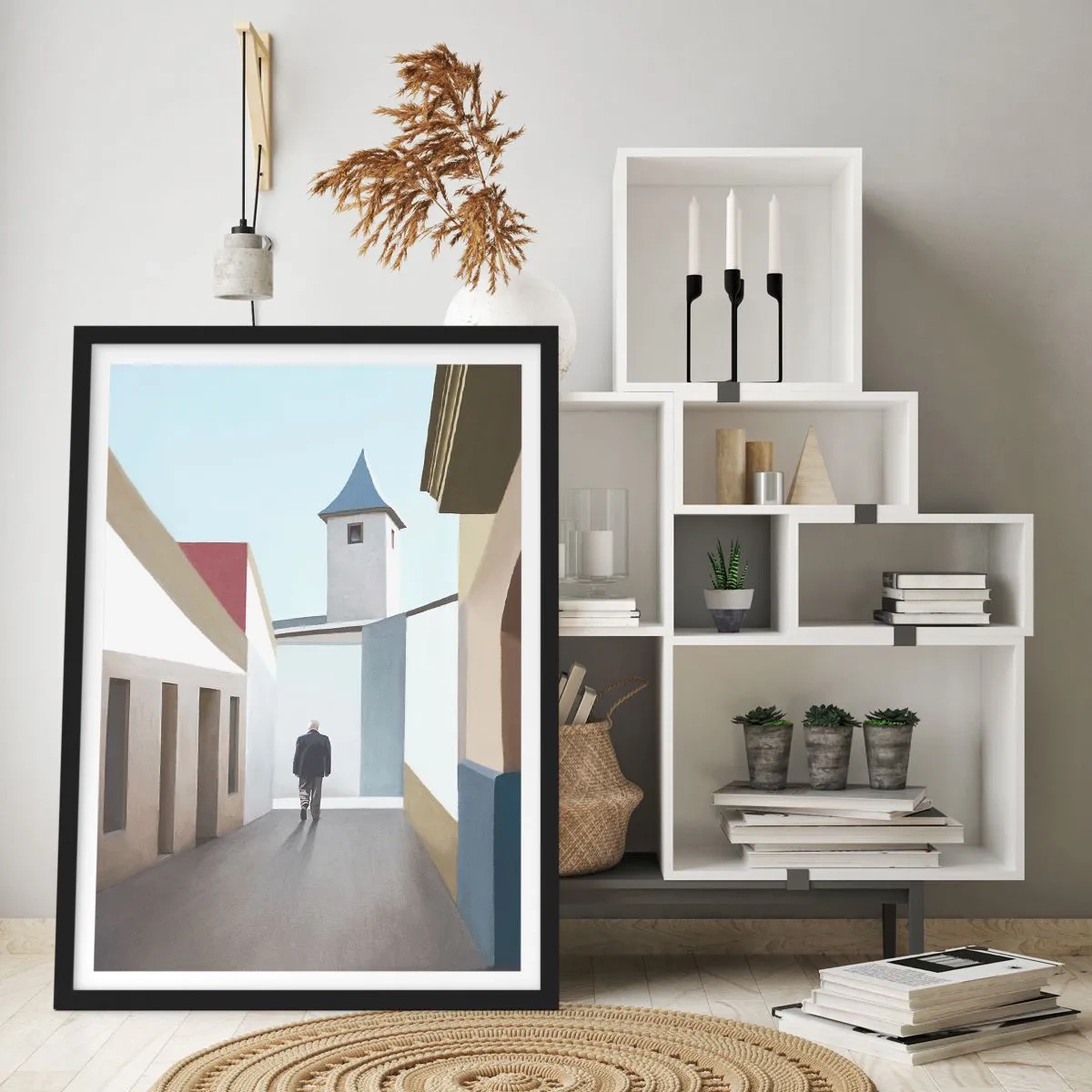 Plakát v černém rámu - Minimalistická ulice s osamělým kolemjdoucím - 50x70cm - Slunečná procházka - Moderní nástěnná dekorace do obývacího pokoje a ložnice ARTTOR