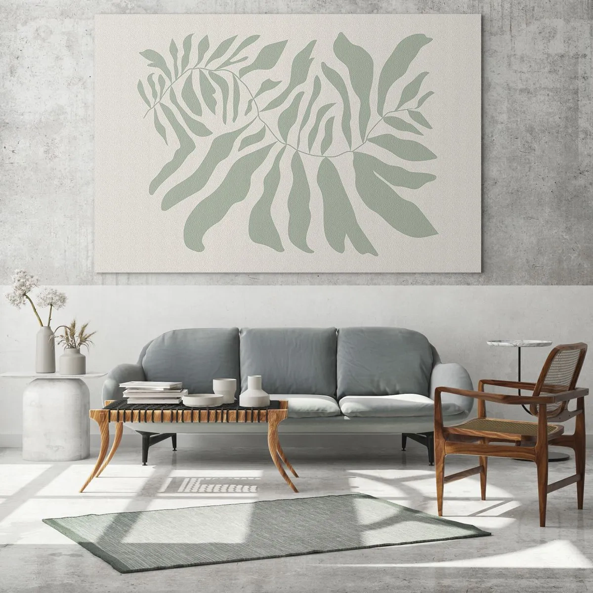 Obraz na skle - Smaragdová větev s organickými tvary na světlém pozadí - 70x50cm - Smaragdová větev - Moderní nástěnná dekorace do obývacího pokoje a ložnice ARTTOR