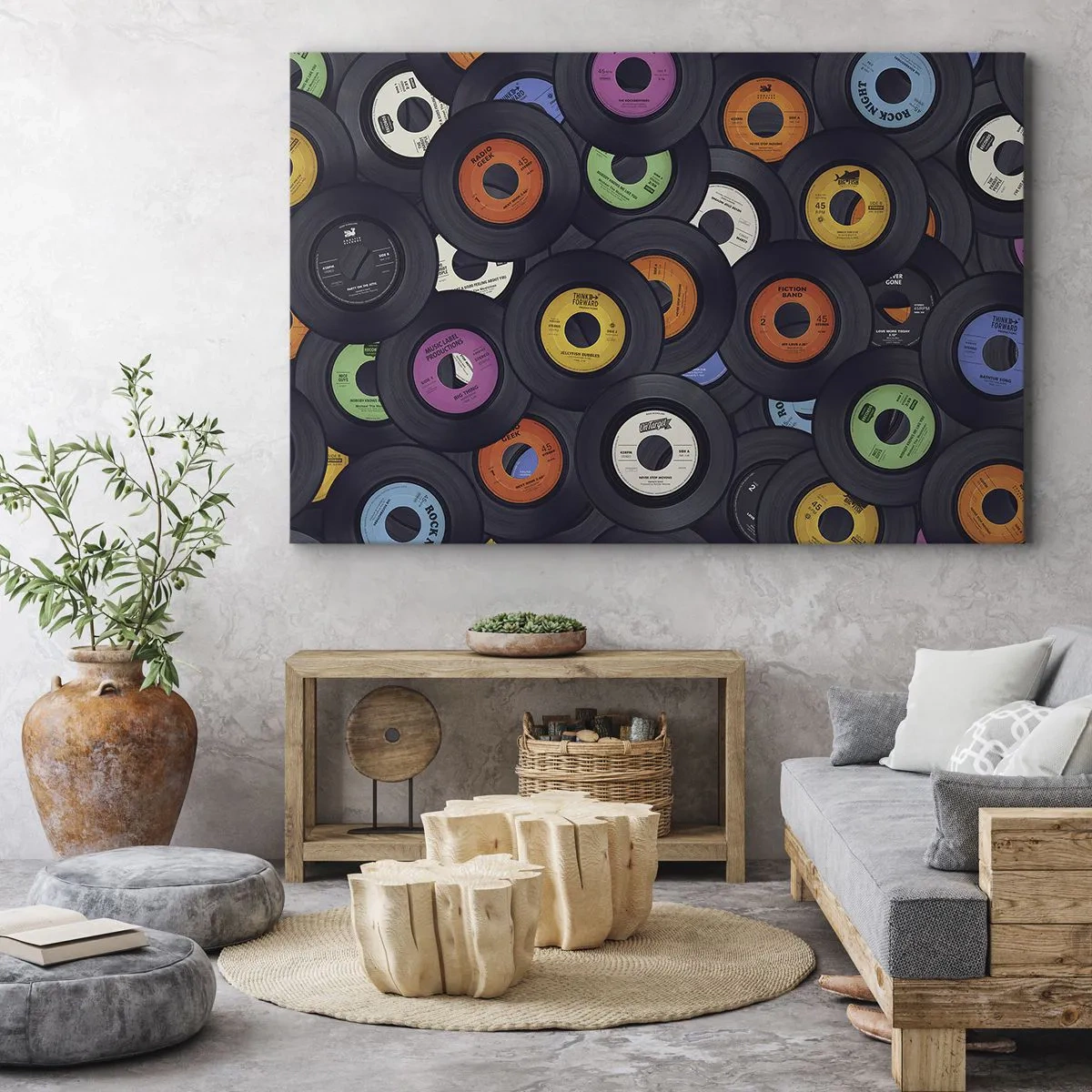 Obraz na plátně - Barevné vinyly naskládané na sobě - 70x50cm - Barvy klasiky - Moderní nástěnná dekorace do obývacího pokoje a ložnice ARTTOR