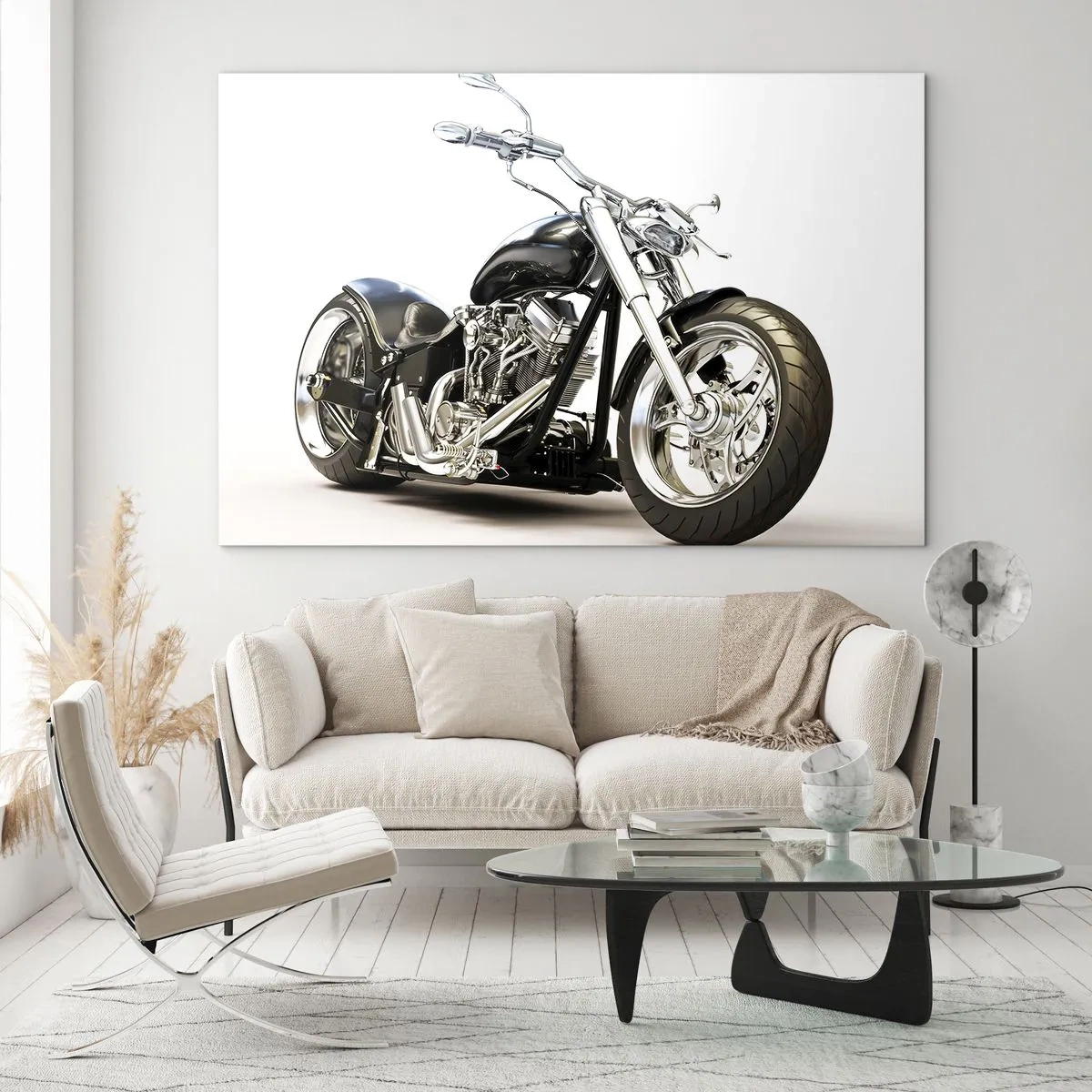 Obraz na skle - Černý chopper na světlém pozadí - 70x50cm - Síla s charakterem - Moderní nástěnná dekorace do obývacího pokoje a ložnice ARTTOR