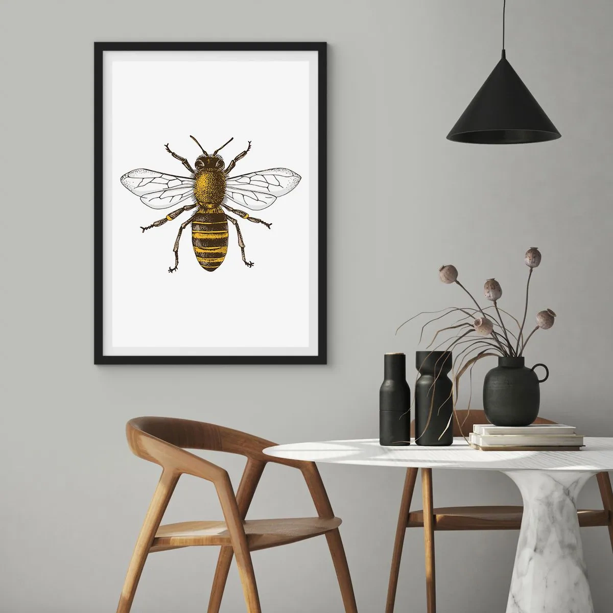 Plakát v černém rámu - Vintage včela detailní ilustrace - 50x70cm - Krásná a dobrá - Moderní nástěnná dekorace do obývacího pokoje a ložnice ARTTOR