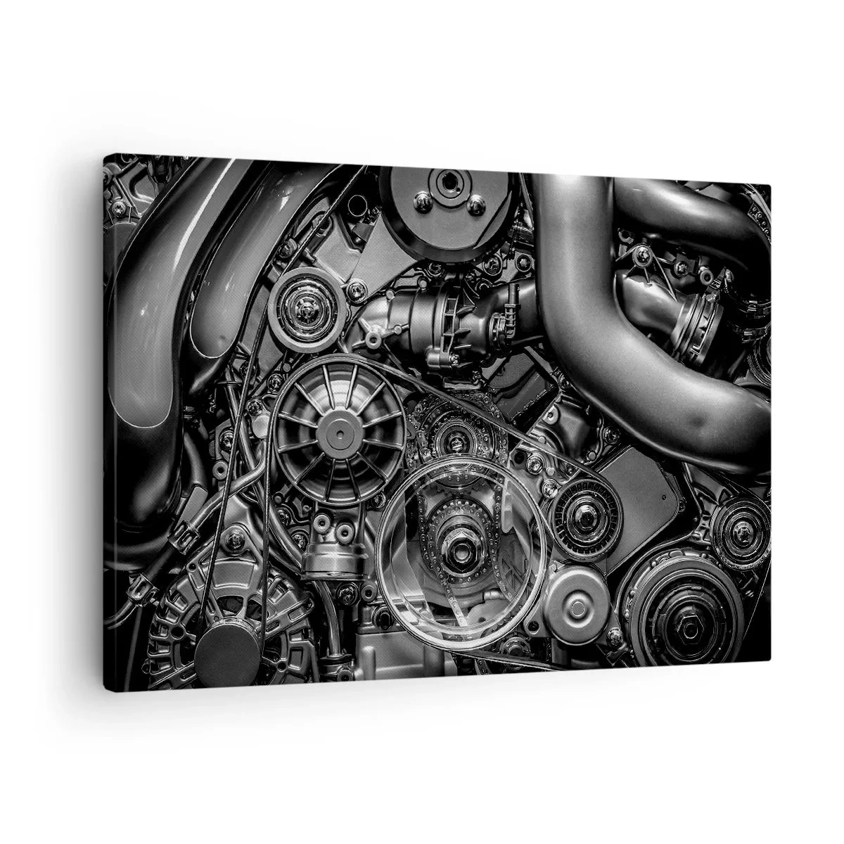 Obraz na plátně - Černobílý detail mechanických detailů motoru automobilu. - 70x50cm - Poezie mechaniky - Moderní nástěnná dekorace do obývacího pokoje a ložnice ARTTOR