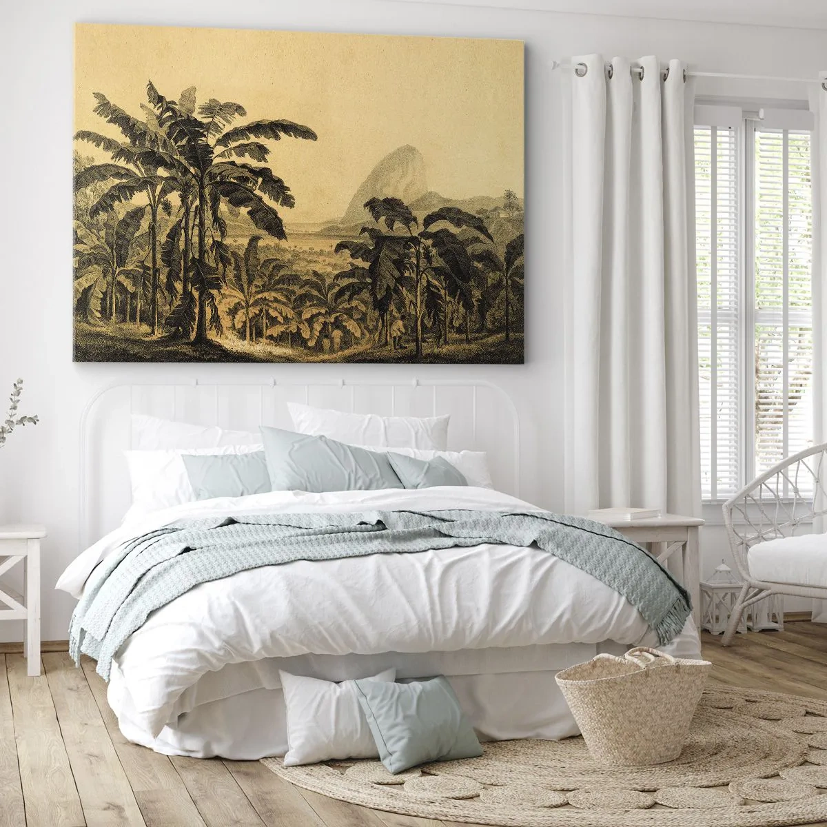 Obraz na plátně - Kresba banánovníků na pozadí tropické krajiny - 70x50cm - V koloniálním stylu - Moderní nástěnná dekorace do obývacího pokoje a ložnice ARTTOR