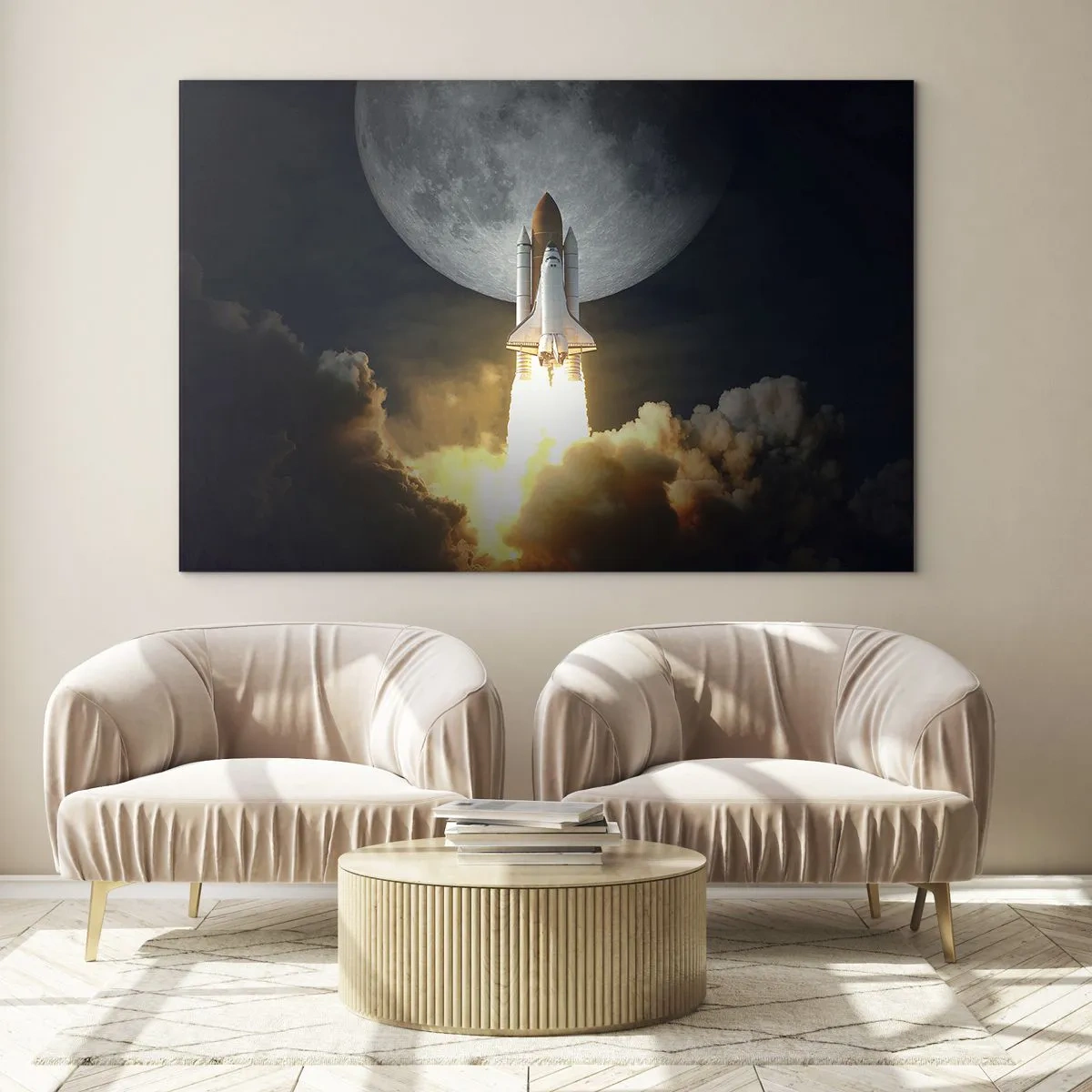 Obraz na skle - Start vesmírné rakety na pozadí měsíce a noční oblohy. - 70x50cm - Začátek nadpřirozeného dobrodružství - Moderní nástěnná dekorace do obývacího pokoje a ložnice ARTTOR