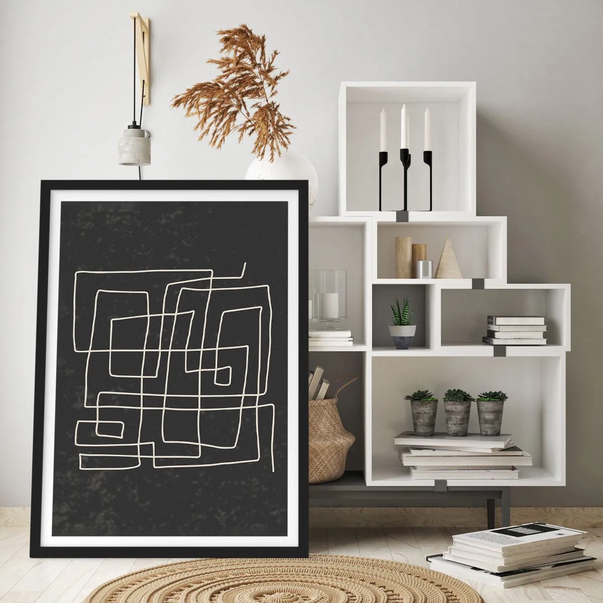 Plakát v černém rámu - Geometrická abstrakce na černém pozadí - 50x70cm - Není to tak jednoduché - Moderní nástěnná dekorace do obývacího pokoje a ložnice ARTTOR